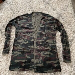 Sanctuary Womens Camo Open Front Cardigan Ribbed Knit Pockets Green Burgundy S